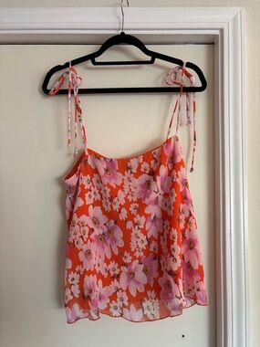 LULUS | Sunshine Times Orange Floral Print Pleated Tie-Strap Cami Top
